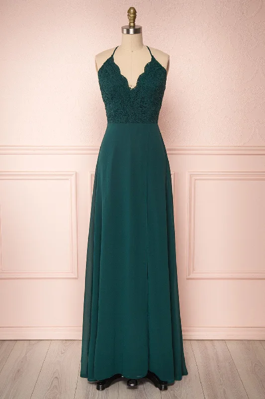 Strapless Women Dress with a Built - in Bra for Comfort and SupportFabia Green | Lace & Chiffon Maxi Dress