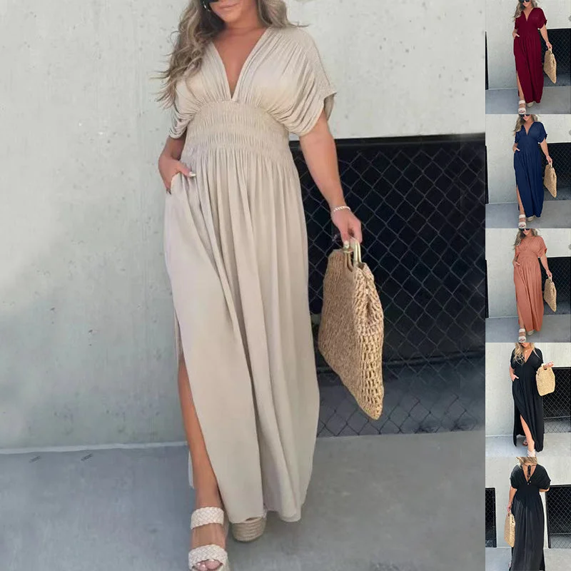 Shift Women Dress with a Simple and Classic Design for Everyday WearWomen's Bat-Sleeve V-Neck Maxi Dress - Summer Slit Dress with Elastic Waist