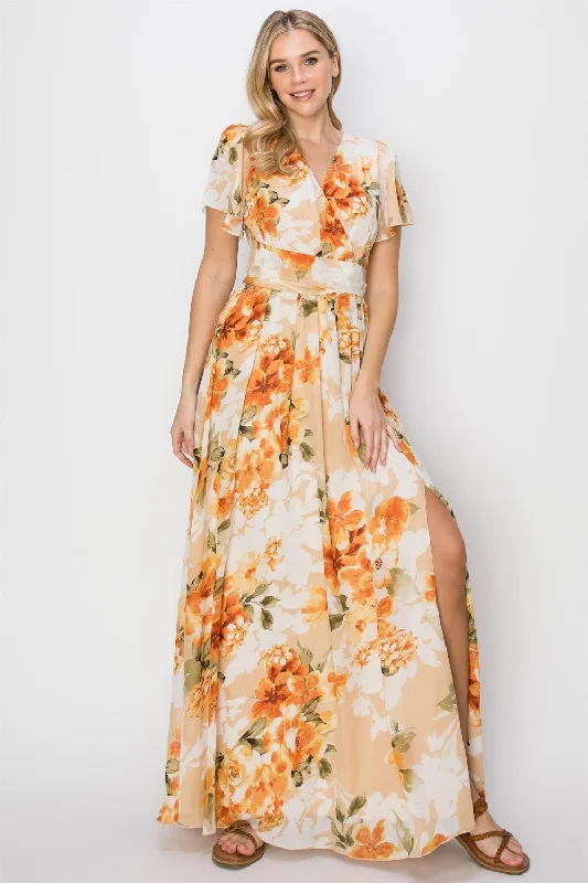 Strapless Women Dress with a Built - in Bra for Comfort and SupportFloral Tie Back Short Sleeve Slit Maxi Dress