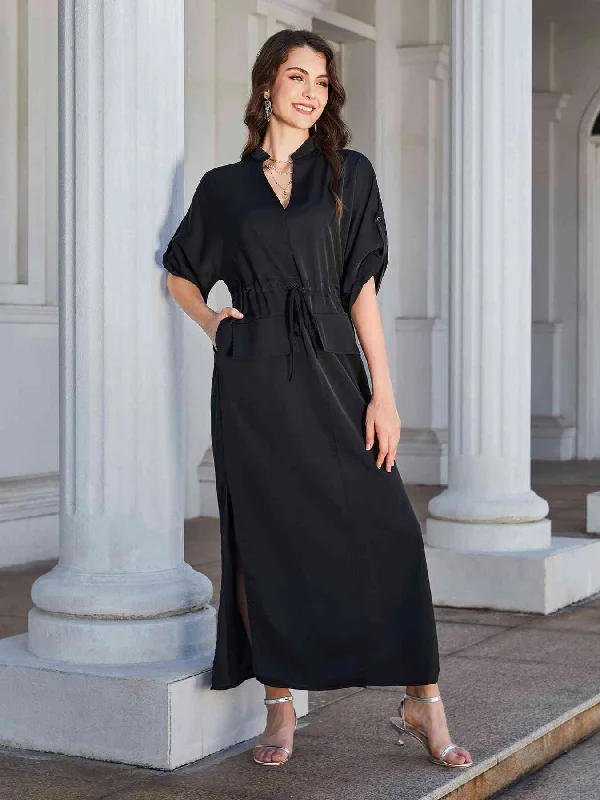 Wrap - Style Women Dress with Adjustable Fit for All Body TypesHigh Slit Roll-tab Sleeve Notched Neck Maxi Dress