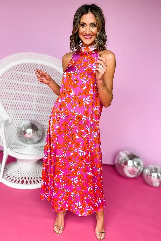 Ruffled Women Dress with Multiple Layers for a Playful and Girly StyleKarlie Coral Purple Floral Printed Mock Neck Halter Maxi Dress