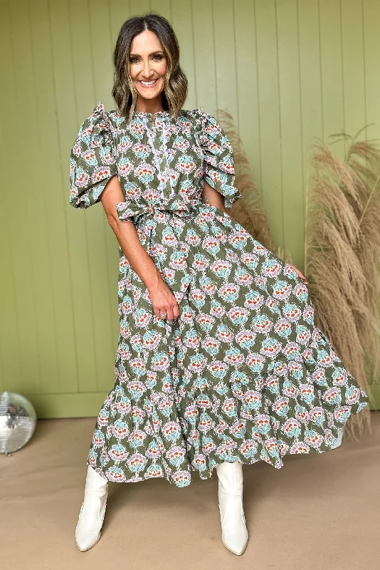 Plus Size Women Dress with a Flattering A - Line Cut for Comfort and StyleKarlie Olive Floral Printed Ruffle Sleeve Tiered Tie Waist Maxi Dress