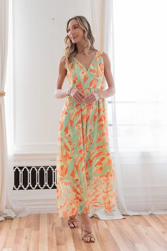 Maxi Women Dress with Floral Print for a Bohemian VibeLime Orange Printed V-Neck Sleeveless Maxi Dress