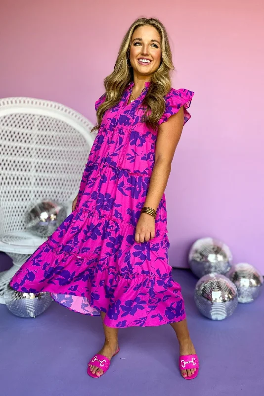 Lace - Embellished Women Dress for an Elegant and Sophisticated AppearanceMagenta Floral Printed Split Neck Flutter Sleeve Tiered Maxi Dress