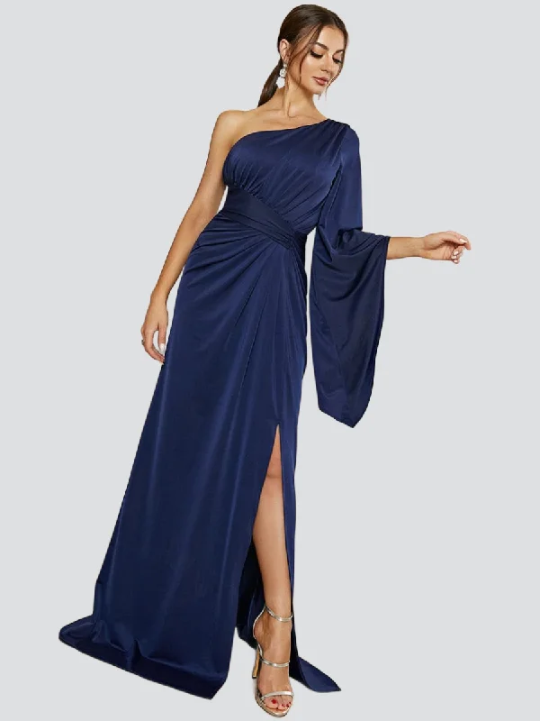 Sheath Women Dress with a Tailored Fit for a Professional LookOne Shoulder Split Maxi Blue Mermaid Dress XH2245