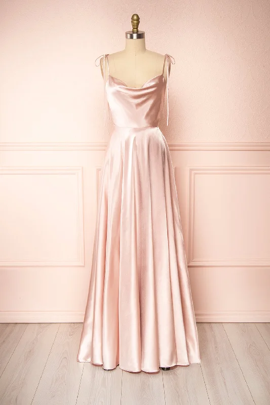 Ruffled Women Dress with Multiple Layers for a Playful and Girly StyleMoira Blush | Cowl Neck Satin Maxi Dress w/ High Slit