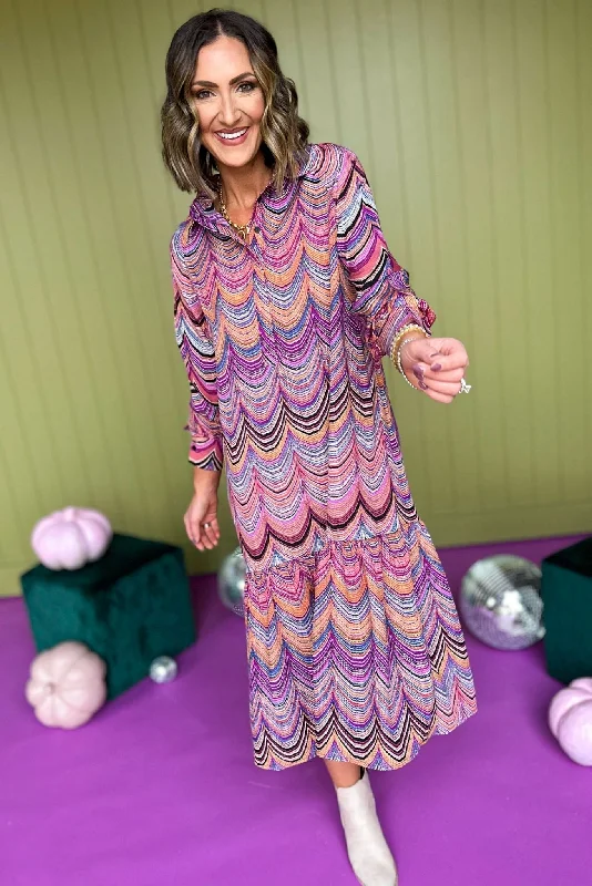 Ball Gown Women Dress with a Full Skirt for a Princess - like LookMolly Bracken Purple Chevron Printed Collared Long Sleeve Tiered Dress