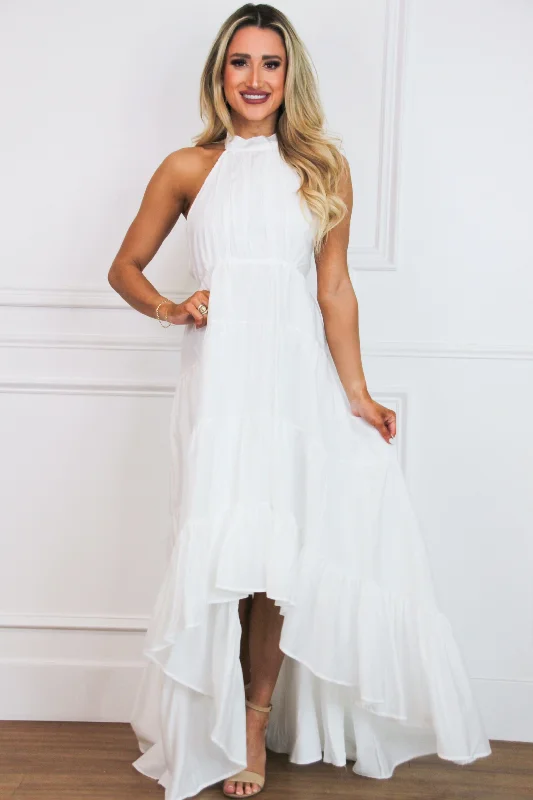 Backless Women Dress for a Sexy and Alluring Look at Evening EventsOh, So Fabulous Halter Ruffle Maxi Dress: White