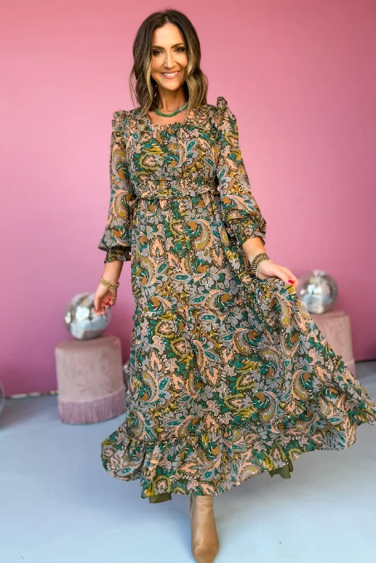 Ruffled Women Dress with Multiple Layers for a Playful and Girly StyleOlive Paisley Printed Square Neck Tiered Smocked Waist Maxi Dress