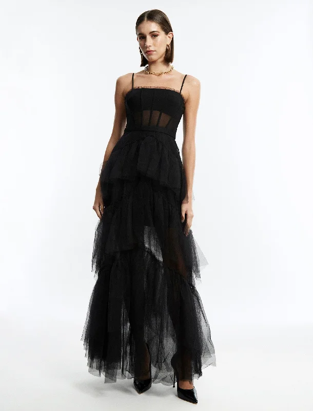 Long - Sleeve Women Dress in Velvet for a Luxurious Winter LookOly Tiered Ruffle Tulle Evening Gown