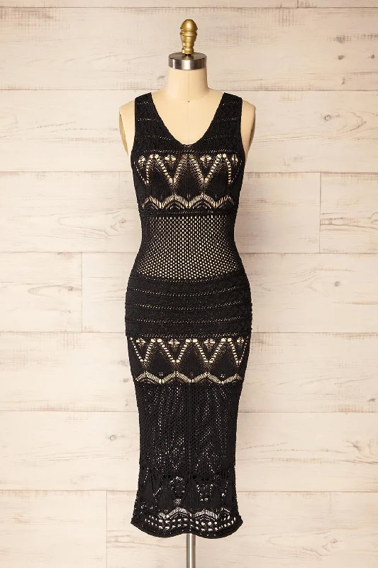 Strapless Women Dress with a Built - in Bra for Comfort and SupportOzma Black | Crochet Midi Dress