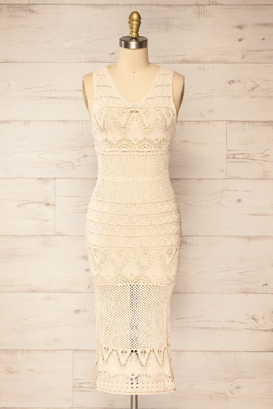 Ruffled Women Dress with Multiple Layers for a Playful and Girly StyleOzma Beige | Crochet Midi Dress