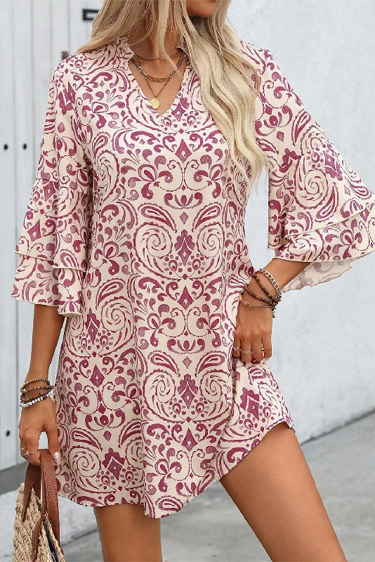 Ruffled Women Dress with Multiple Layers for a Playful and Girly StylePaisley 3/4 Bell Sleeve Mini Dress