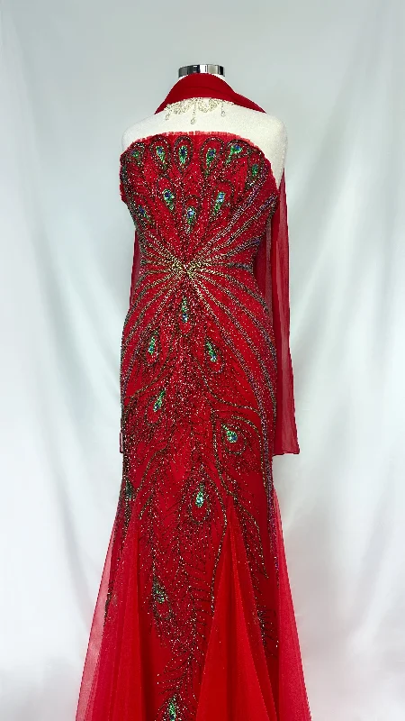 Off - the - Shoulder Women Dress for a Romantic and Feminine LookRuby Embellished Peacock Silk Strapless Gown With Matching Scarf