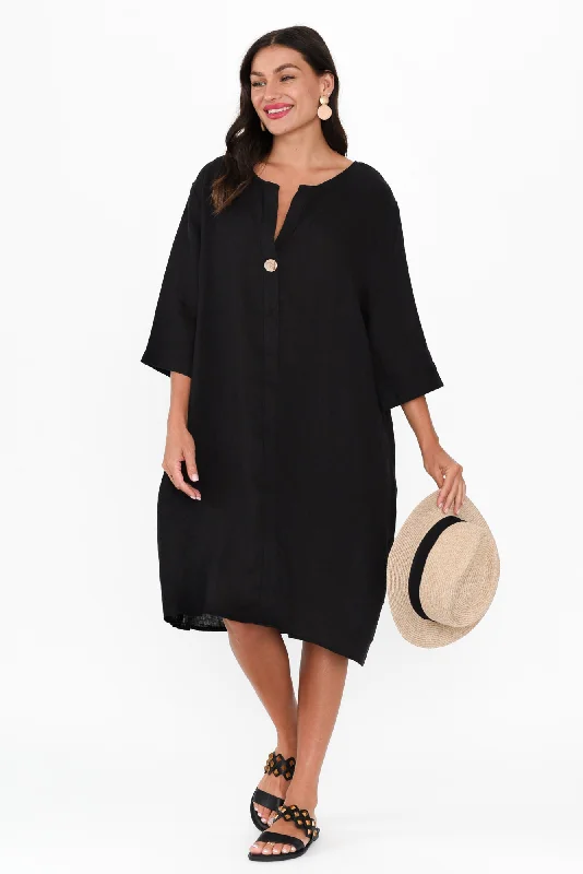 Strapless Women Dress with a Built - in Bra for Comfort and SupportSian Black Linen V Neck Dress