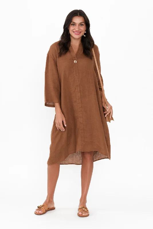 Mini Women Dress with a Short Hem for a Young and Trendy StyleSian Mocha Linen V Neck Dress