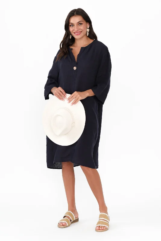 Ruffled Women Dress with Multiple Layers for a Playful and Girly StyleSian Navy Linen V Neck Dress