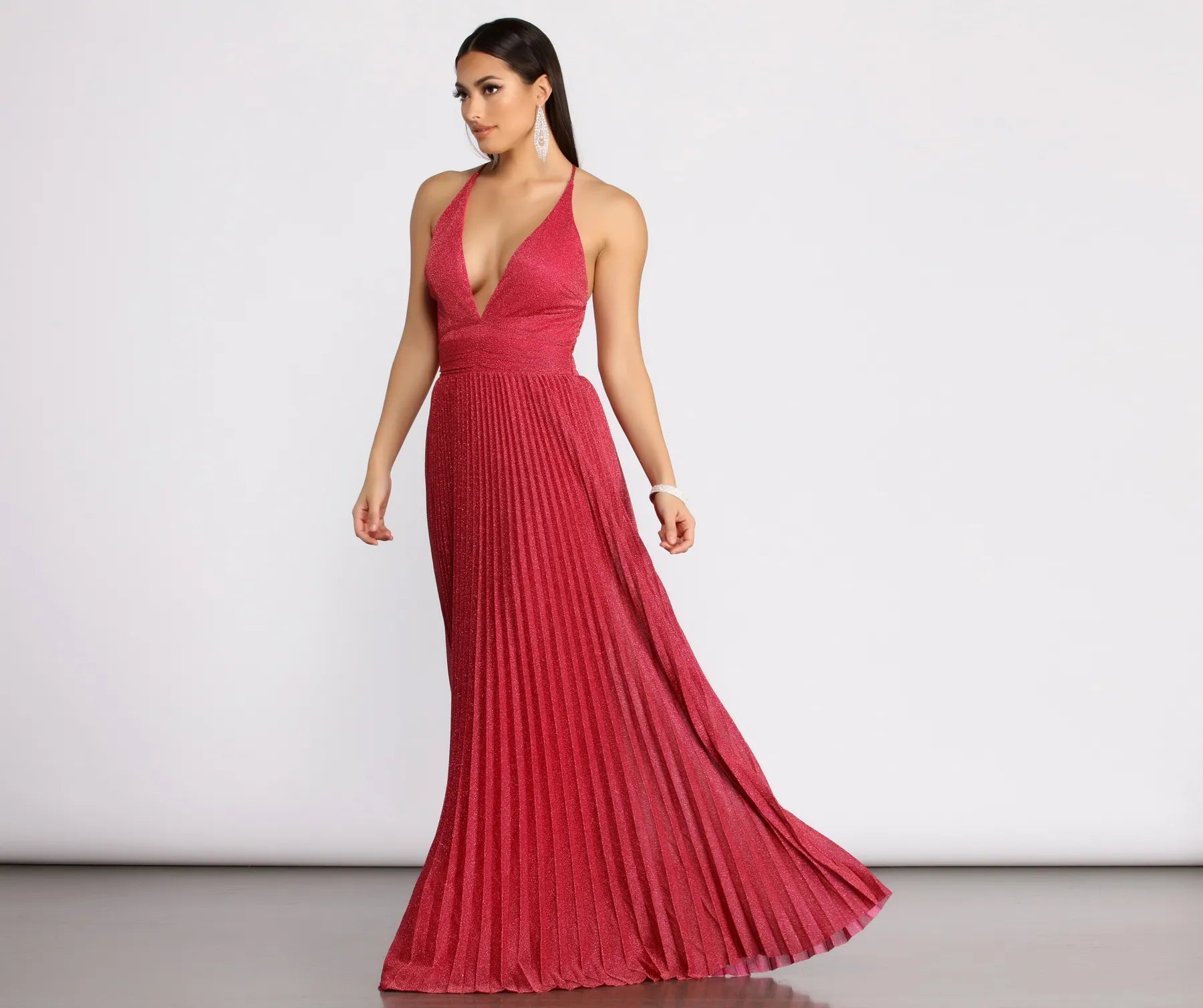 Halter Neck Women Dress to Show Off the Shoulders and NecklineTabby Formal Pleated Glitter Dress