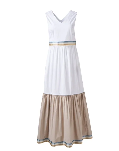 Pleated Women Dress with a Timeless and Elegant TextureWhite and Beige Cotton Dress