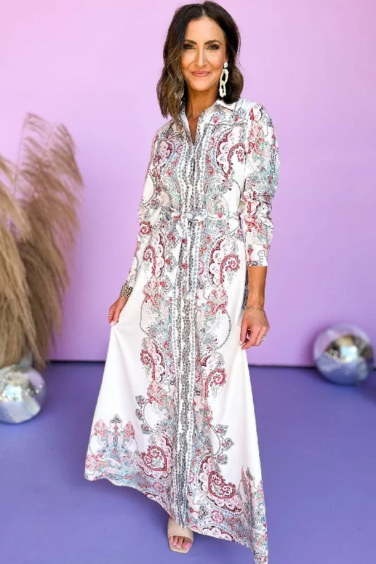 Off - the - Shoulder Women Dress for a Romantic and Feminine LookWhite Floral Collared Button Down Maxi Dress