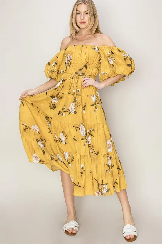 Mini Women Dress with a Short Hem for a Young and Trendy StyleYellow Floral Puff Sleeve Tiered Maxi Dress