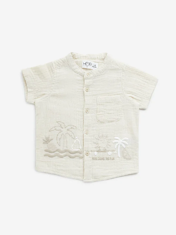 Floral Print Women T Shirt for a Feminine TouchHOP Baby Beige Embossed Crinkled Cotton Shirt