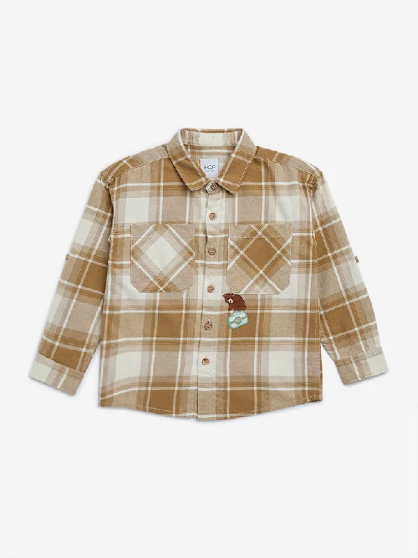 Organic Cotton Women T Shirt for Eco - Conscious WearersHOP Kids Beige Checkered Cotton Shirt