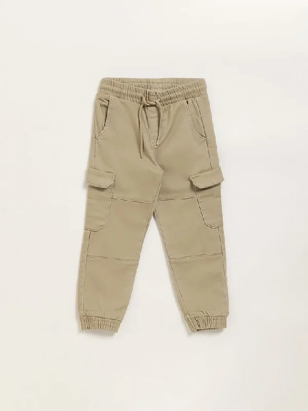 Elastic Waist Women Shorts for Easy Wear and ComfortHOP Kids Beige Mid Rise Cargo Style Joggers