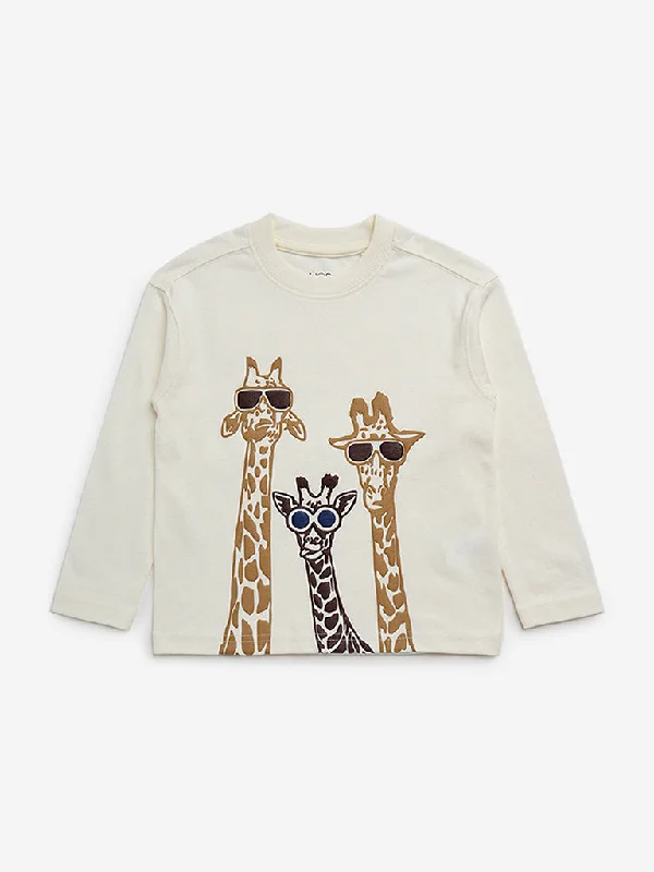 V - Neck Women T Shirt to Enhance the NecklineHOP Kids Off-White Animal Design Cotton T-Shirt