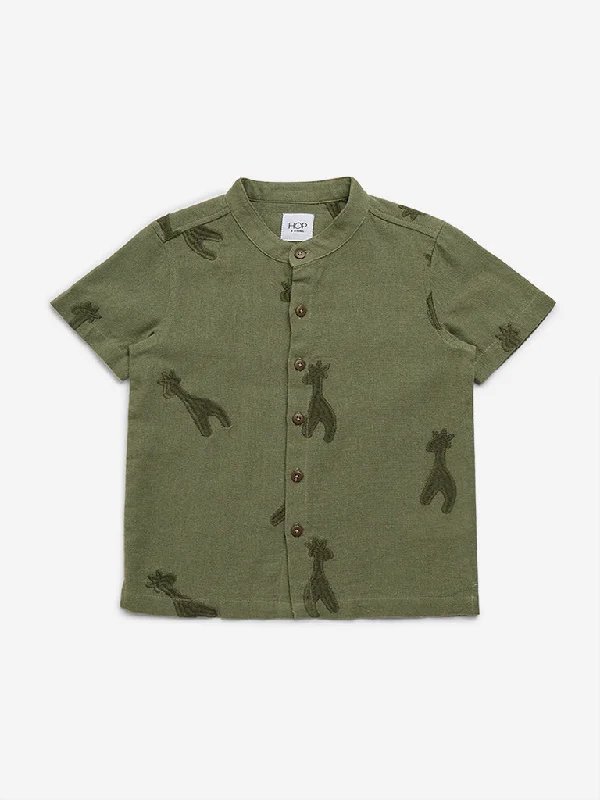 Organic Cotton Women T Shirt for Eco - Conscious WearersHOP Kids Olive Animal Embroidered Cotton Shirt