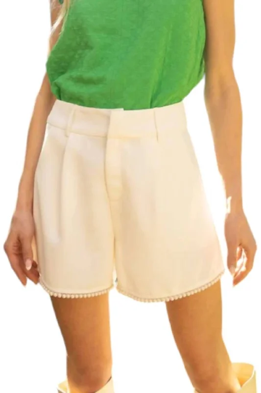 Belted Women Shorts to Enhance the WaistlineMimi Pearl Trim Pleated Shorts In Ivory