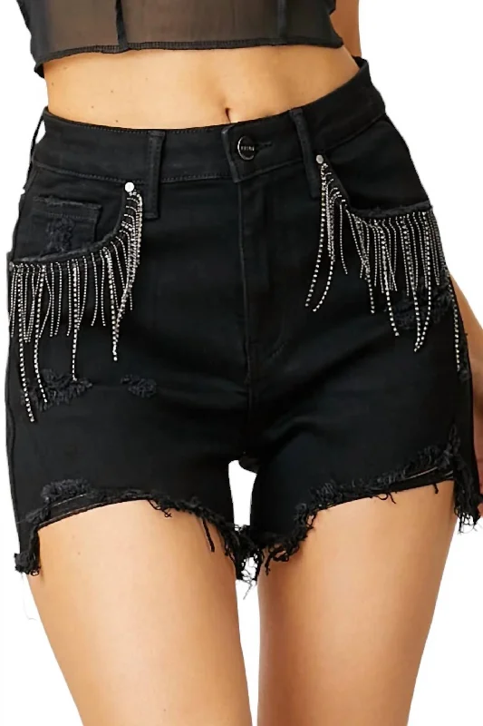 Embroidered Women Shorts with Intricate DesignsRhinestone Shorts In Black