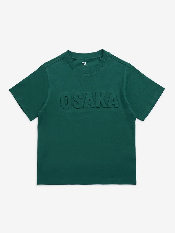 Embroidered Women T Shirt with Intricate DetailsY&F Kids Dark Green Text Embossed Cotton T-Shirt