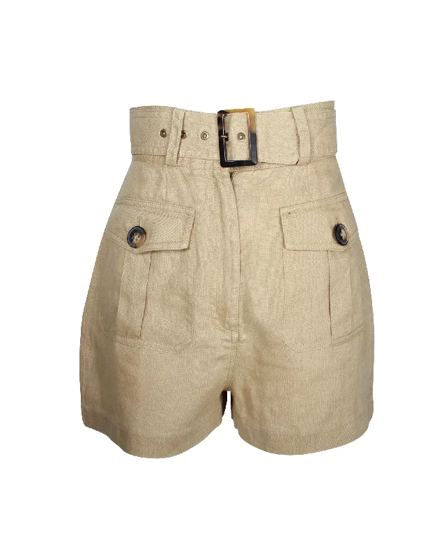 Patterned Geometric Women Shorts for a Modern AppealZimmermann Belted High-Waist Shorts in Beige Linen