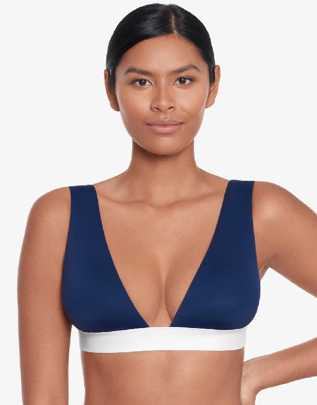 Sustainable women swimwear made from recycled materials for eco - conscious beachgoersBel Air Modern V Neck Bikini Top - Navy and White