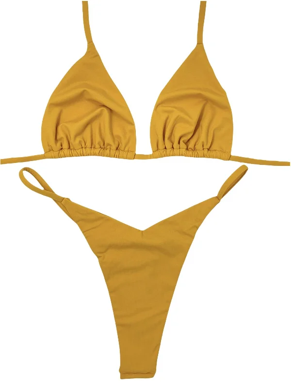 Striped women swimwear with a classic pattern for a timeless beach lookHARVEST V THONG BOTTOM- BUTTERSCOTCH