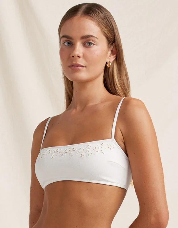 Striped women swimwear with a classic pattern for a timeless beach lookCreme Memoir Embroidered Bandeau Crop Bikini Top - White