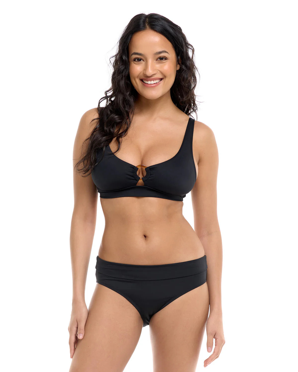 High - waisted women swimwear for a retro and flattering lookSolid Mid Waist Fold Over Bikini Bottom In Black - Skye